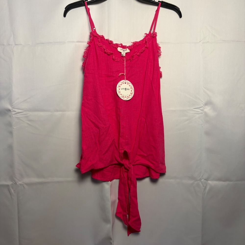 Umgee Hot Pink Linen Blend Frayed Trim Tie Front Cami Tank Top NWT K3121 Small